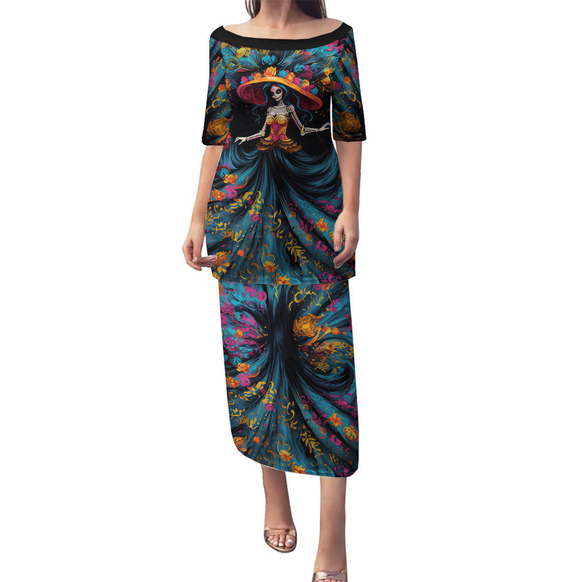 Day of Dead Lady Family Matching Puletasi Dress and Hawaiian Shirt Sugar Skull Lady Dancing - Wonder Print Shop