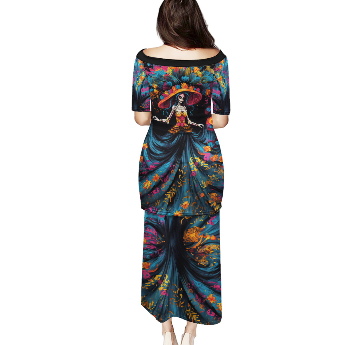Day of Dead Lady Family Matching Puletasi Dress and Hawaiian Shirt Sugar Skull Lady Dancing - Wonder Print Shop