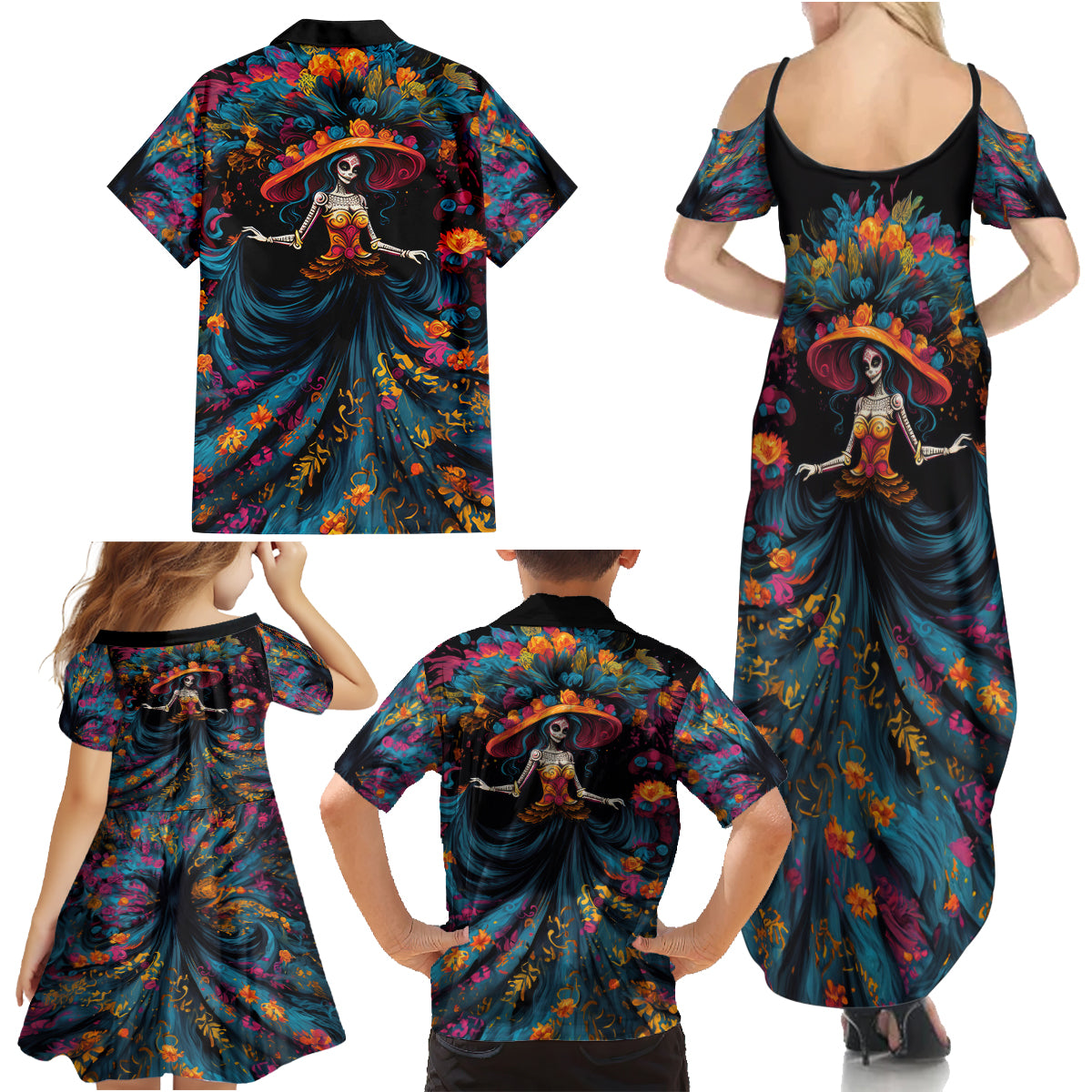 Day of Dead Lady Family Matching Summer Maxi Dress and Hawaiian Shirt Sugar Skull Lady Dancing - Wonder Print Shop