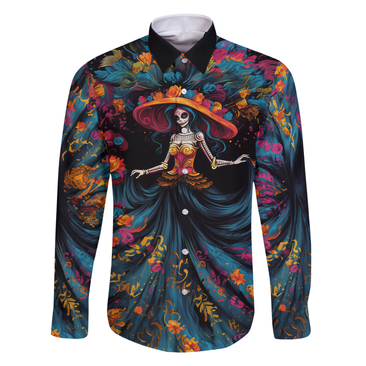 Day of Dead Lady Family Matching Summer Maxi Dress and Hawaiian Shirt Sugar Skull Lady Dancing - Wonder Print Shop