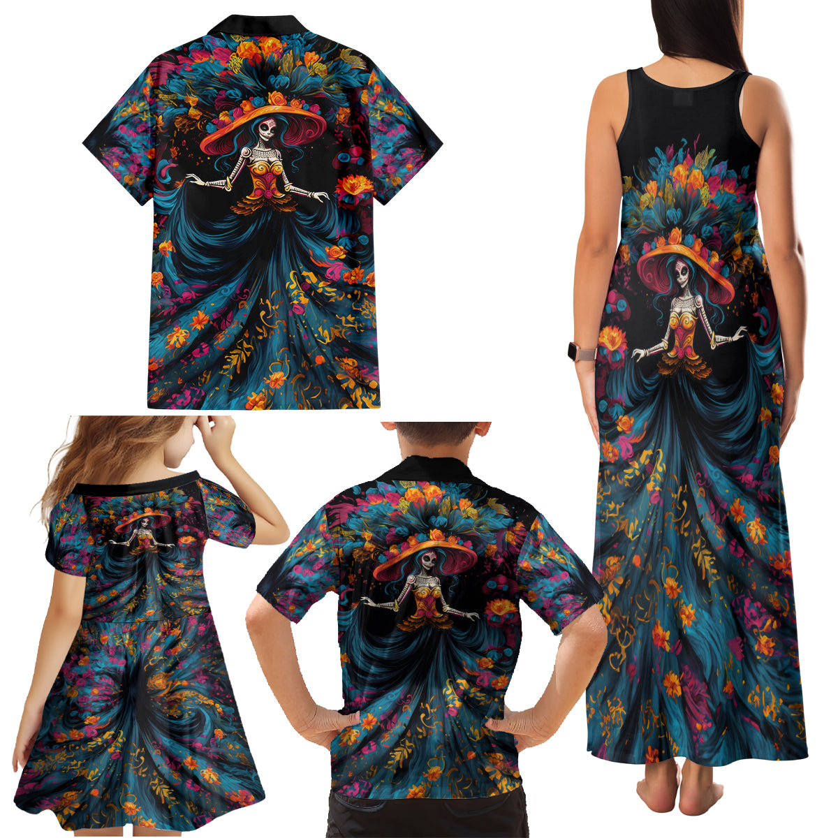 Day of Dead Lady Family Matching Tank Maxi Dress and Hawaiian Shirt Sugar Skull Lady Dancing - Wonder Print Shop