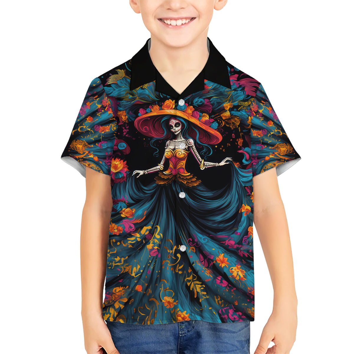 Day of Dead Lady Kid Hawaiian Shirt Sugar Skull Lady Dancing - Wonder Print Shop