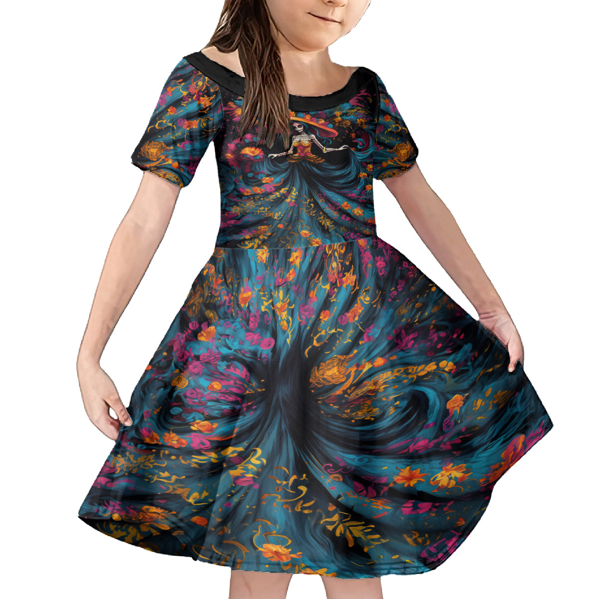 Day of Dead Lady Kid Short Sleeve Dress Sugar Skull Lady Dancing - Wonder Print Shop