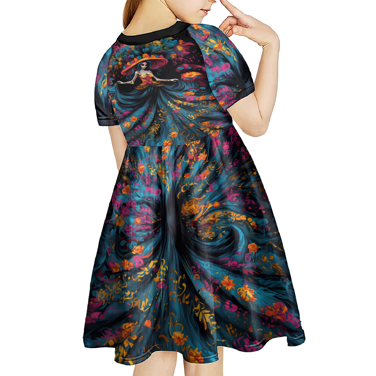 Day of Dead Lady Kid Short Sleeve Dress Sugar Skull Lady Dancing - Wonder Print Shop