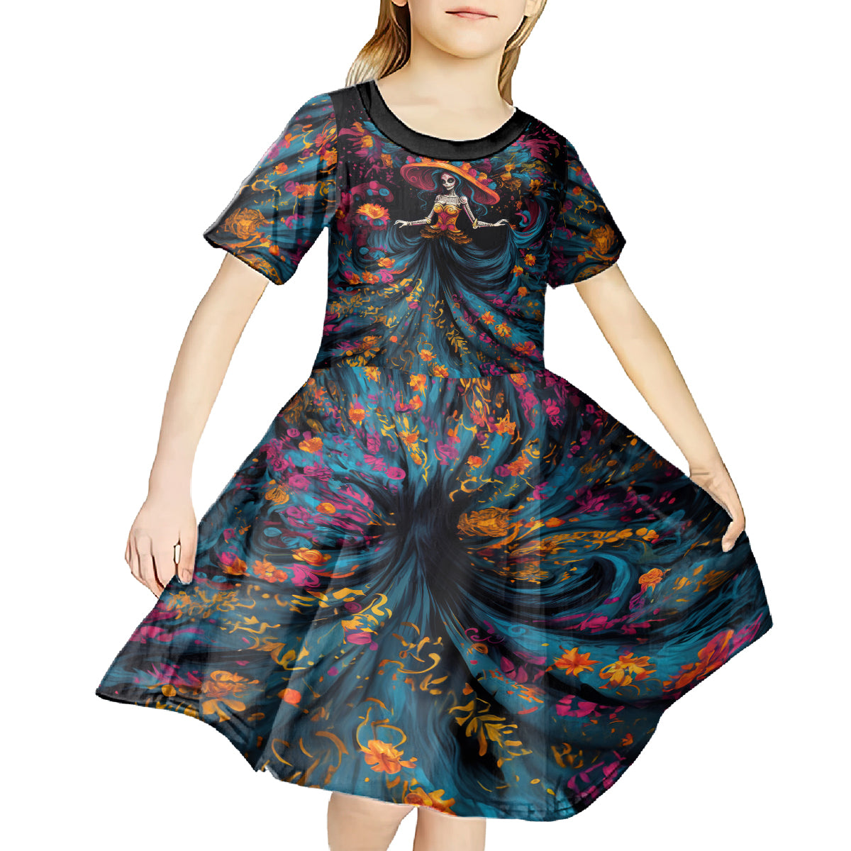Day of Dead Lady Kid Short Sleeve Dress Sugar Skull Lady Dancing - Wonder Print Shop