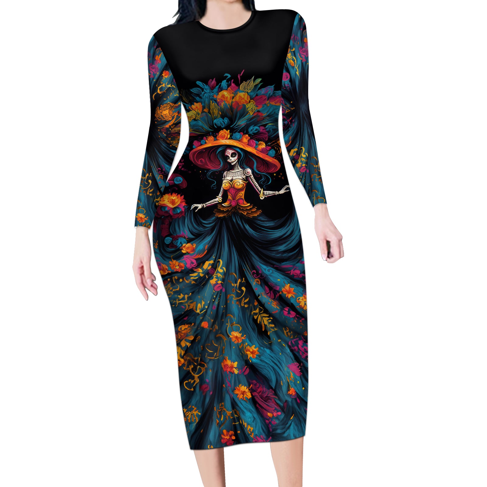 Day of Dead Lady Long Sleeve Bodycon Dress Sugar Skull Lady Dancing - Wonder Print Shop