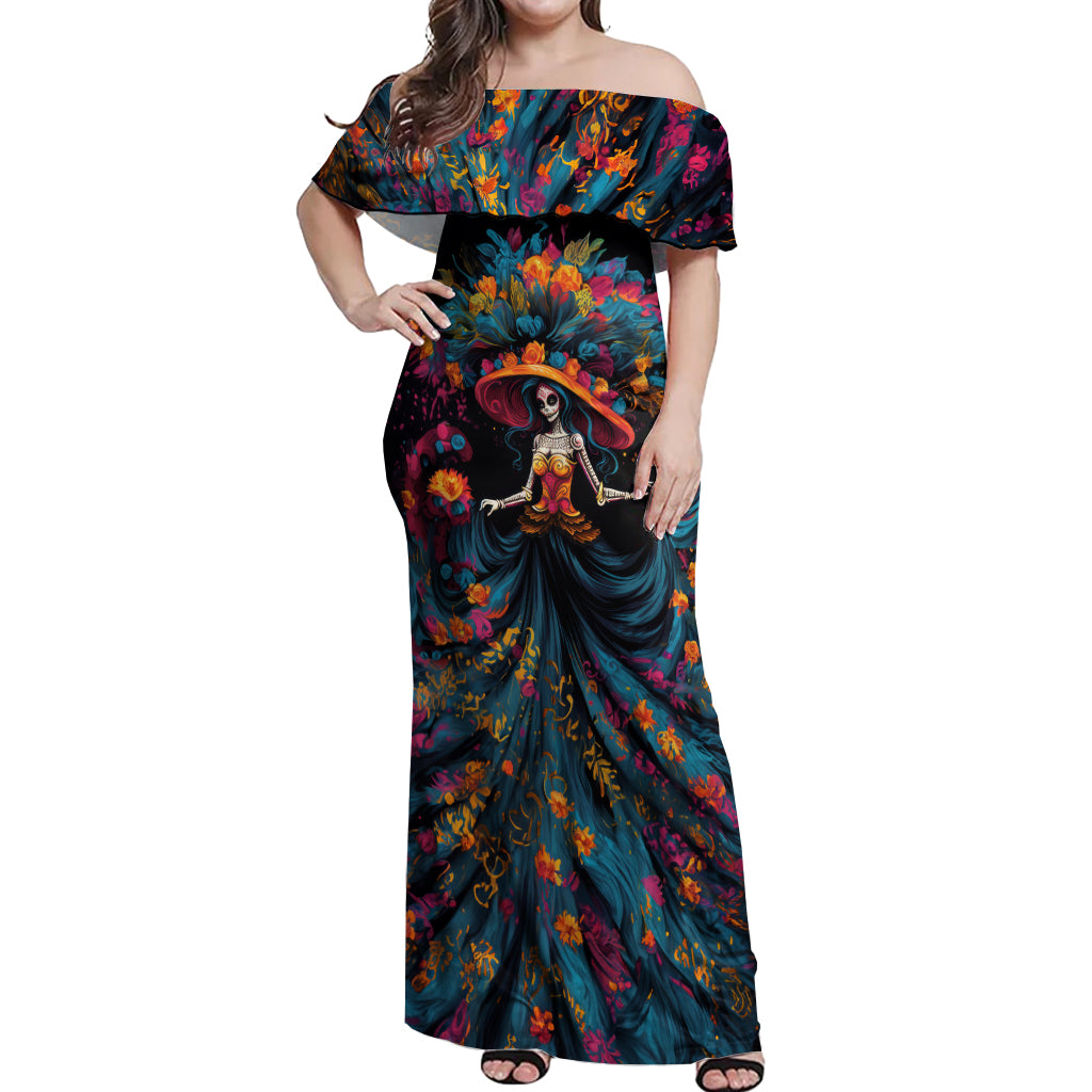 Day of Dead Lady Off Shoulder Maxi Dress Sugar Skull Lady Dancing - Wonder Print Shop