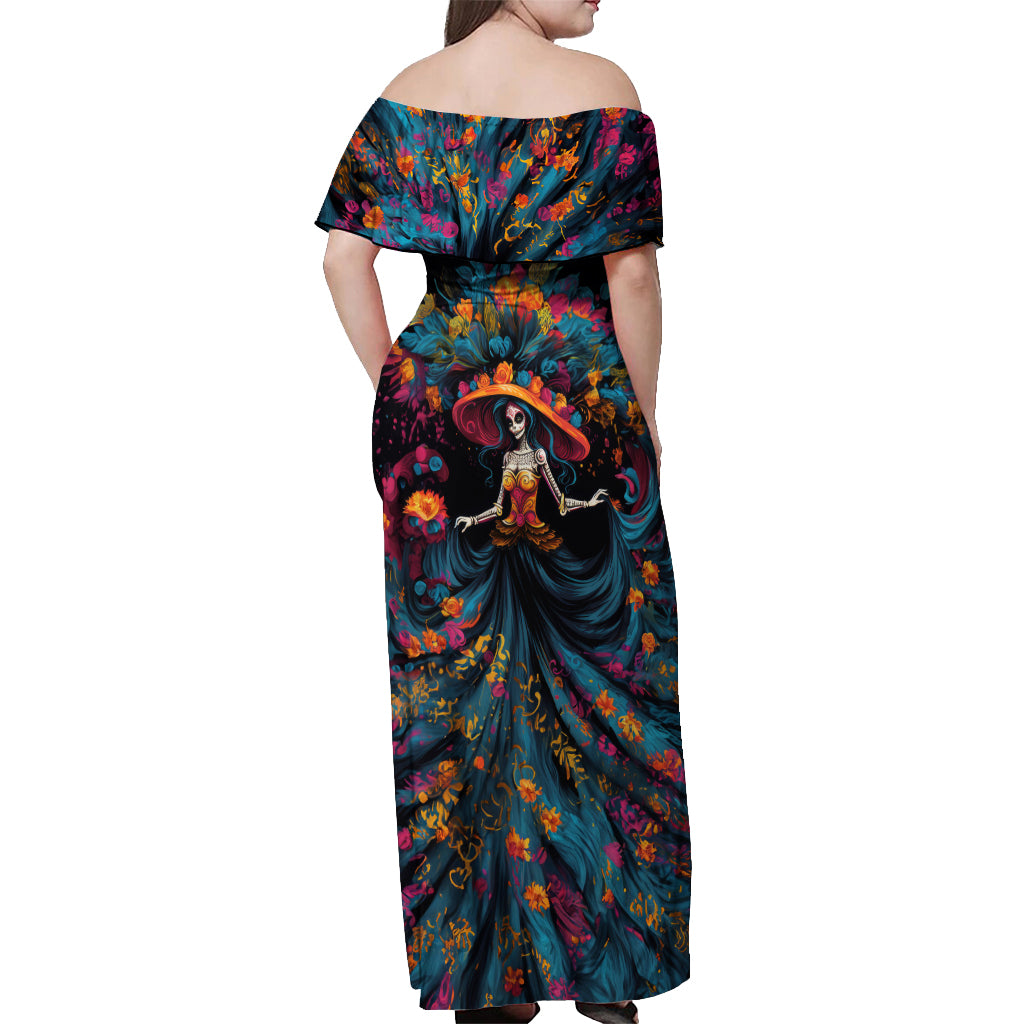 Day of Dead Lady Off Shoulder Maxi Dress Sugar Skull Lady Dancing - Wonder Print Shop