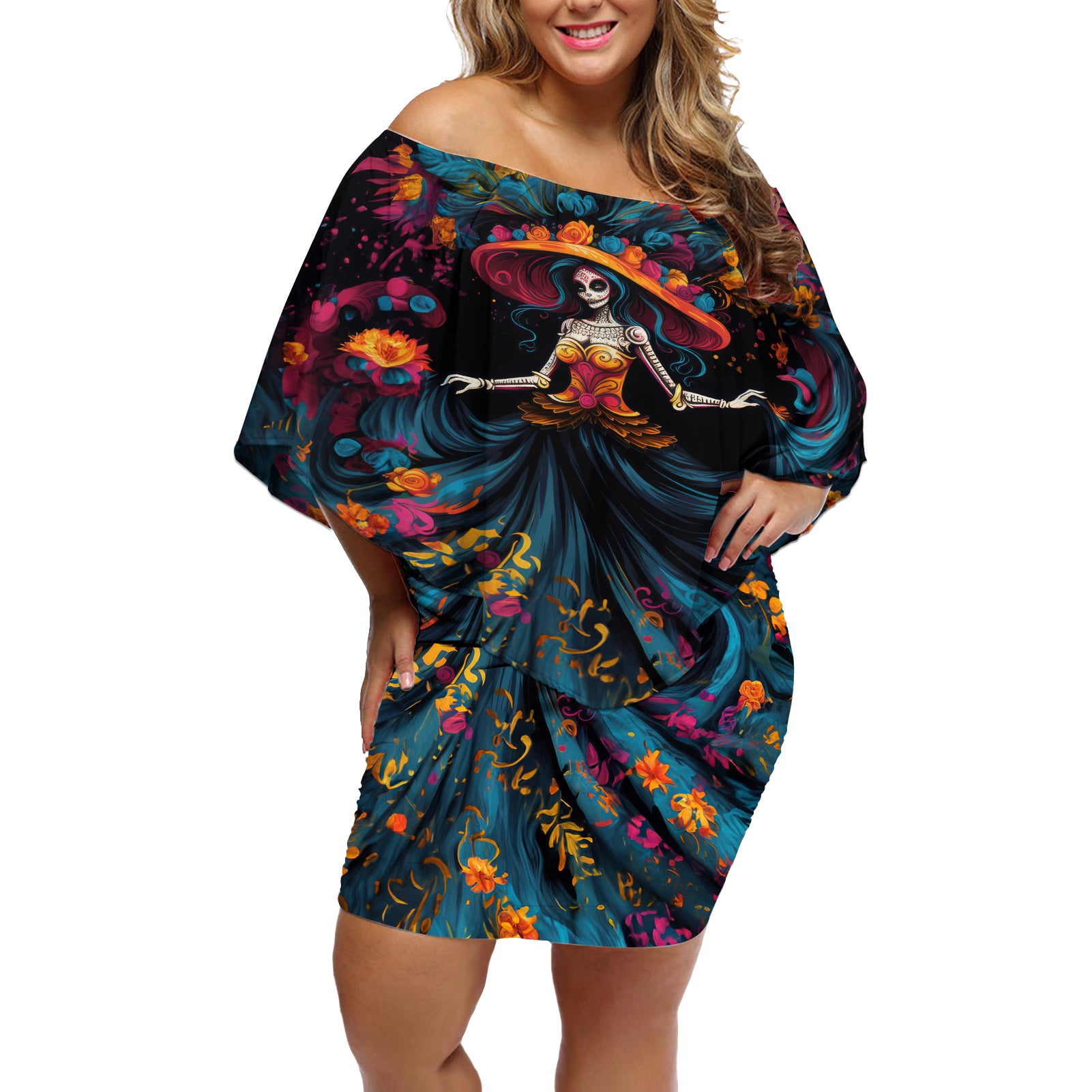 Day of Dead Lady Off Shoulder Short Dress Sugar Skull Lady Dancing - Wonder Print Shop