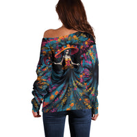 Day of Dead Lady Off Shoulder Sweater Sugar Skull Lady Dancing - Wonder Print Shop