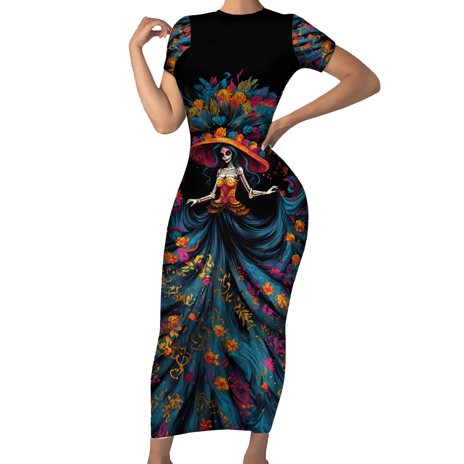 Day of Dead Lady Short Sleeve Bodycon Dress Sugar Skull Lady Dancing - Wonder Print Shop