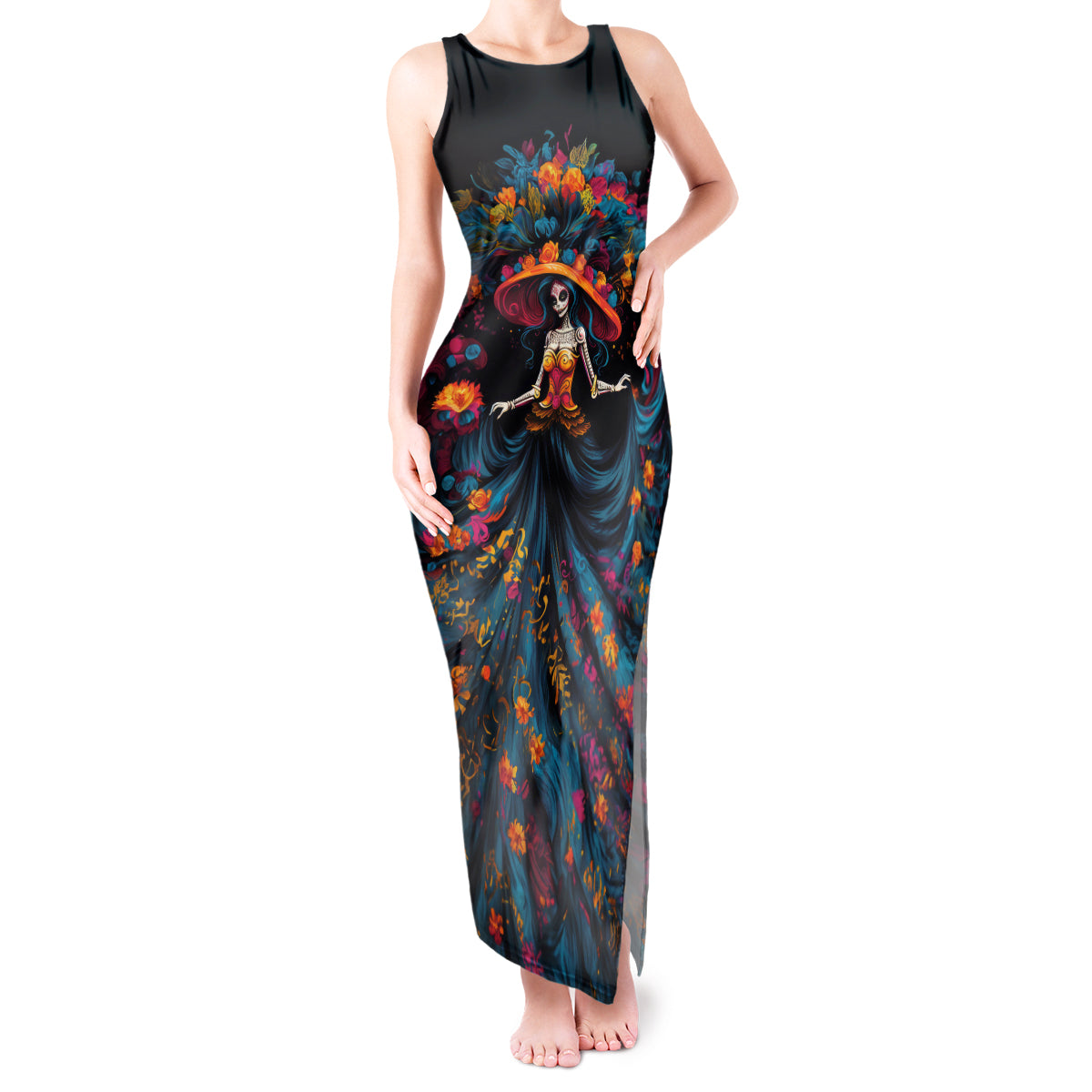 Day of Dead Lady Tank Maxi Dress Sugar Skull Lady Dancing - Wonder Print Shop