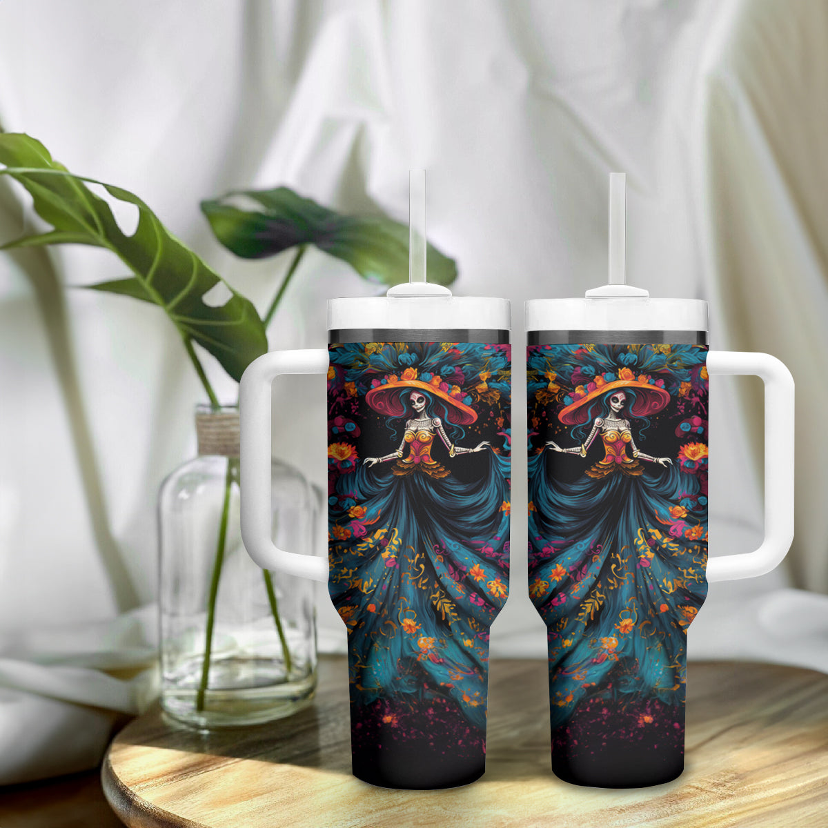 Day of Dead Lady Tumbler With Handle Sugar Skull Lady Dancing - Wonder Print Shop
