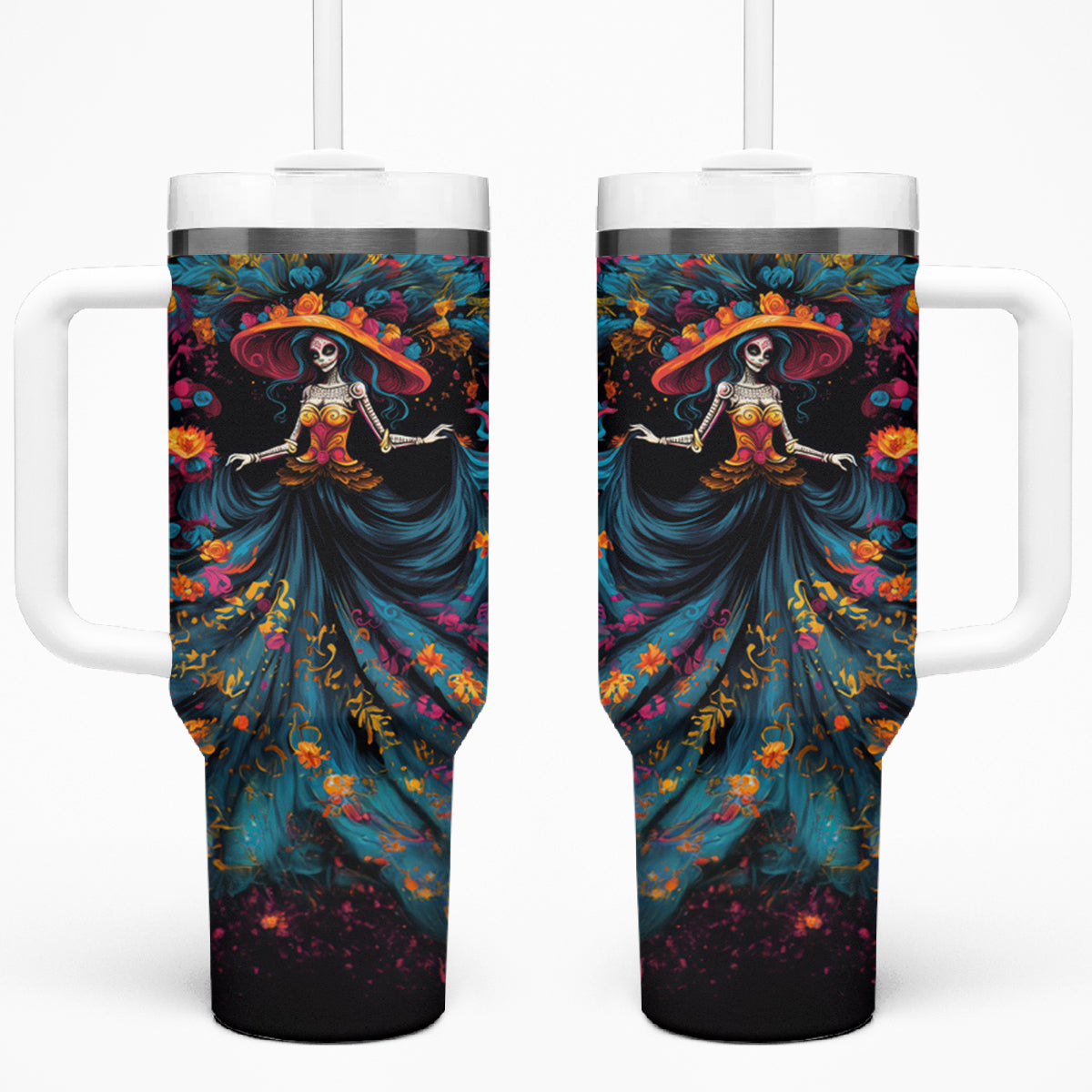 Day of Dead Lady Tumbler With Handle Sugar Skull Lady Dancing - Wonder Print Shop