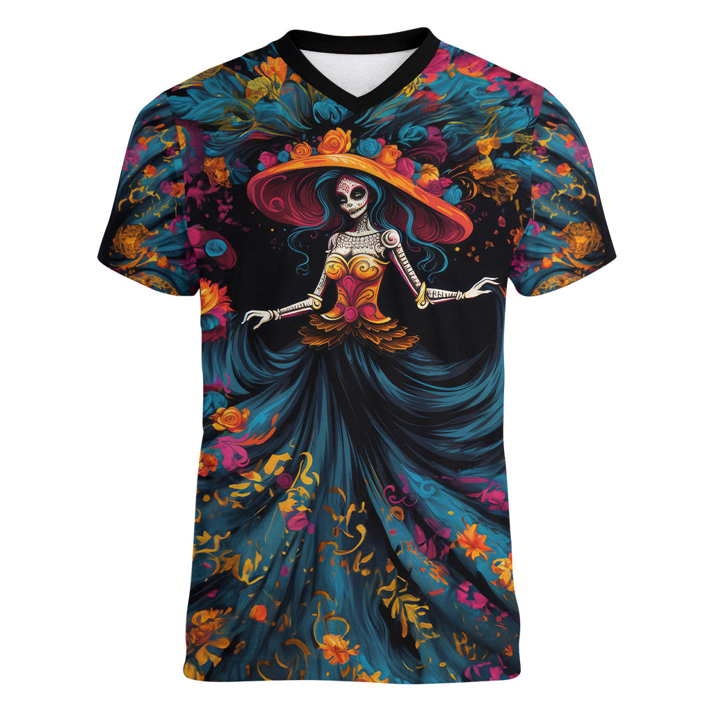 Day of Dead Lady Women V Neck T Shirt Sugar Skull Lady Dancing - Wonder Print Shop
