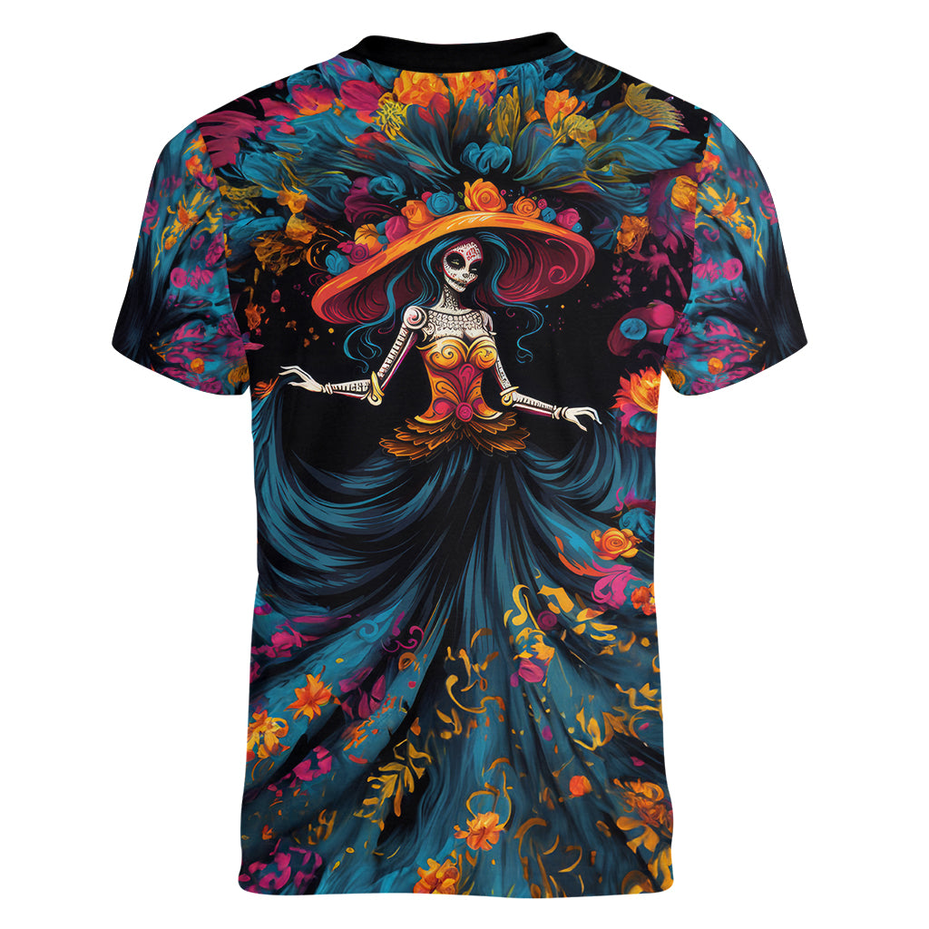 Day of Dead Lady Women V Neck T Shirt Sugar Skull Lady Dancing - Wonder Print Shop