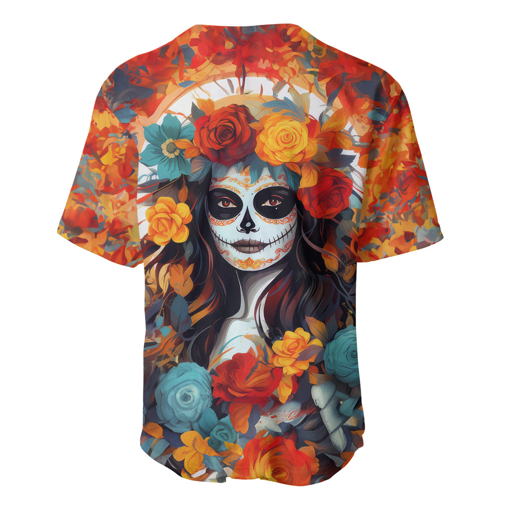 Day of Dead Lady Baseball Jersey Sugar Skull Field Rose Lady - Wonder Print Shop