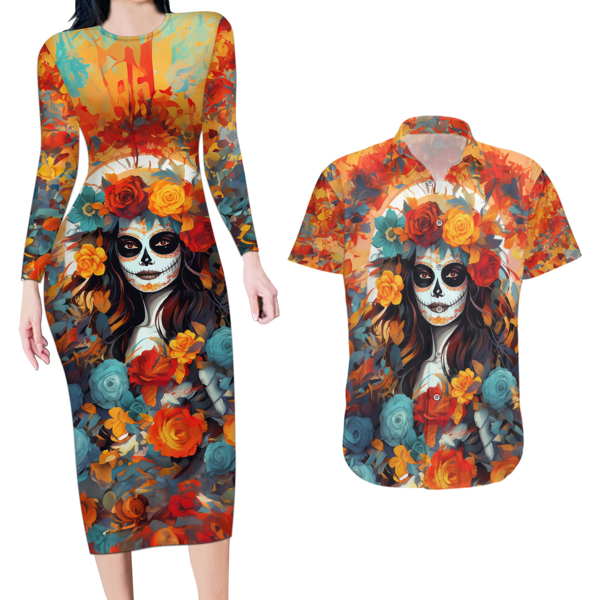 Day of Dead Lady Couples Matching Long Sleeve Bodycon Dress and Hawaiian Shirt Sugar Skull Field Rose Lady - Wonder Print Shop