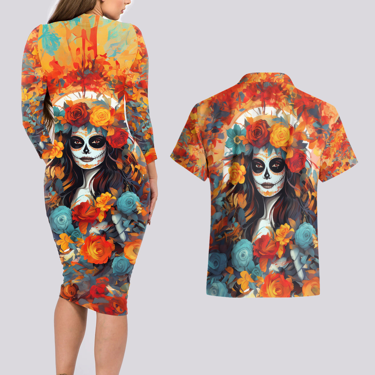 Day of Dead Lady Couples Matching Long Sleeve Bodycon Dress and Hawaiian Shirt Sugar Skull Field Rose Lady - Wonder Print Shop