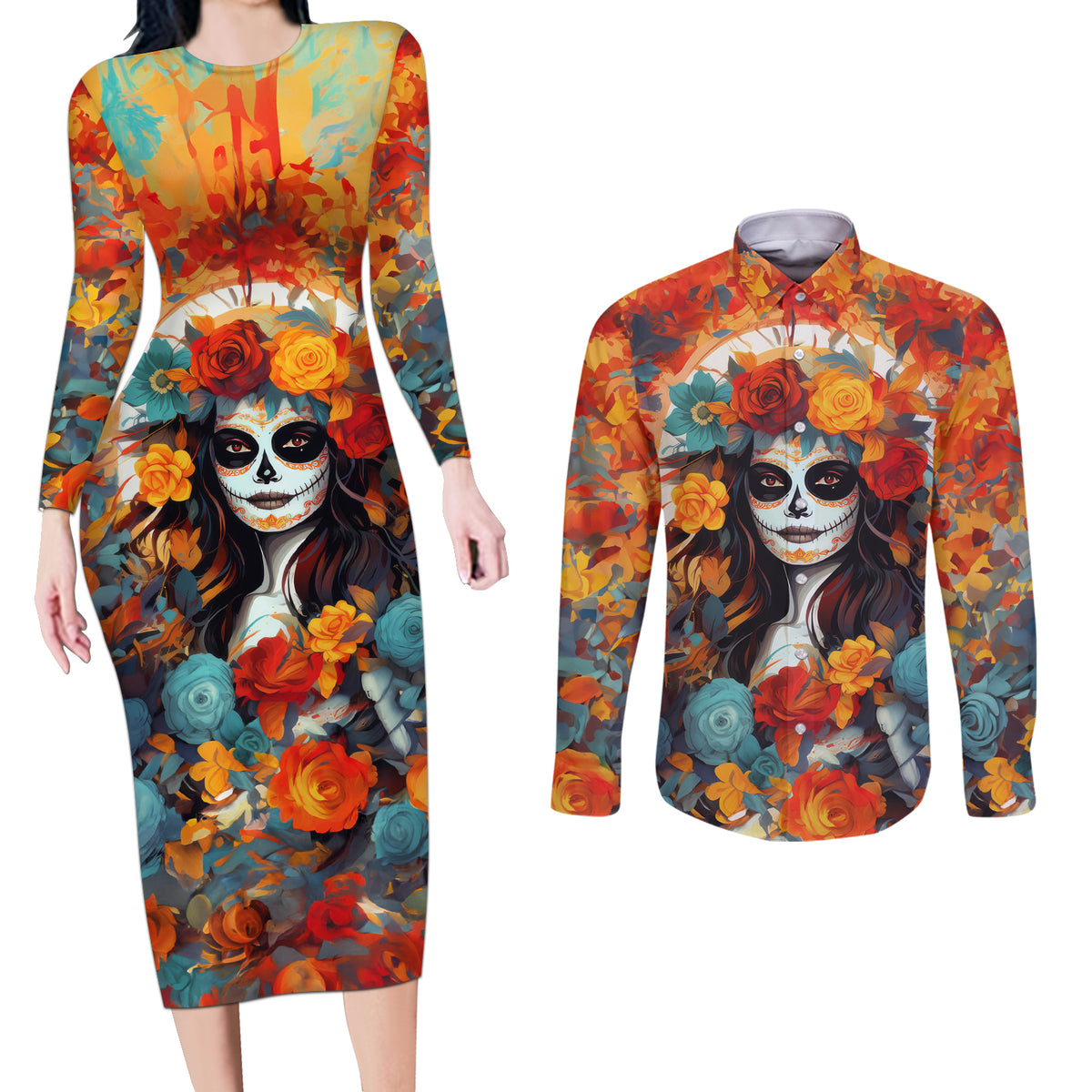 Day of Dead Lady Couples Matching Long Sleeve Bodycon Dress and Long Sleeve Button Shirt Sugar Skull Field Rose Lady - Wonder Print Shop