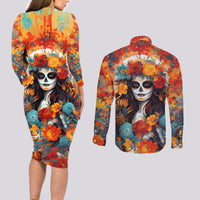 Day of Dead Lady Couples Matching Long Sleeve Bodycon Dress and Long Sleeve Button Shirt Sugar Skull Field Rose Lady - Wonder Print Shop