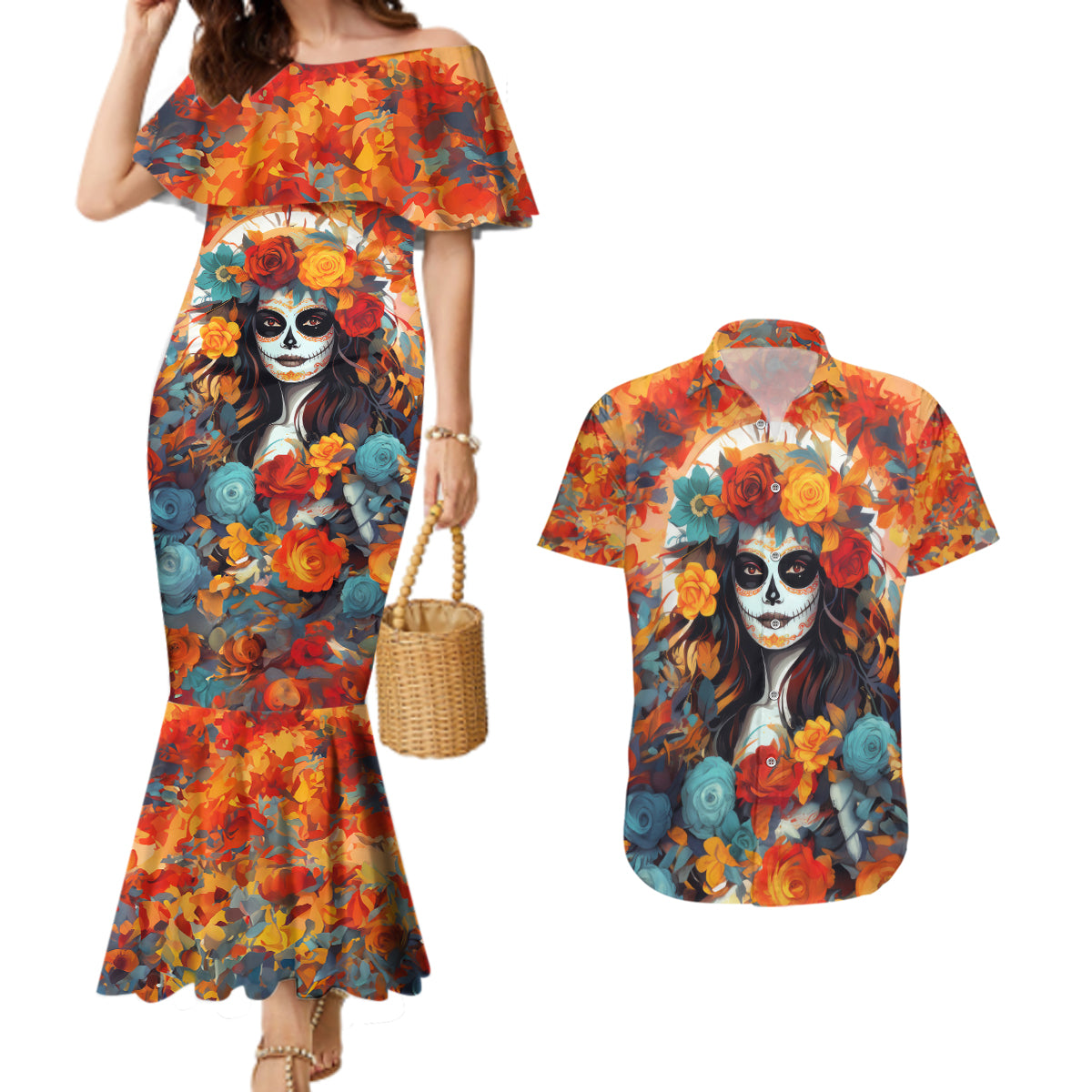 Day of Dead Lady Couples Matching Mermaid Dress and Hawaiian Shirt Sugar Skull Field Rose Lady - Wonder Print Shop