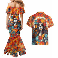 Day of Dead Lady Couples Matching Mermaid Dress and Hawaiian Shirt Sugar Skull Field Rose Lady - Wonder Print Shop