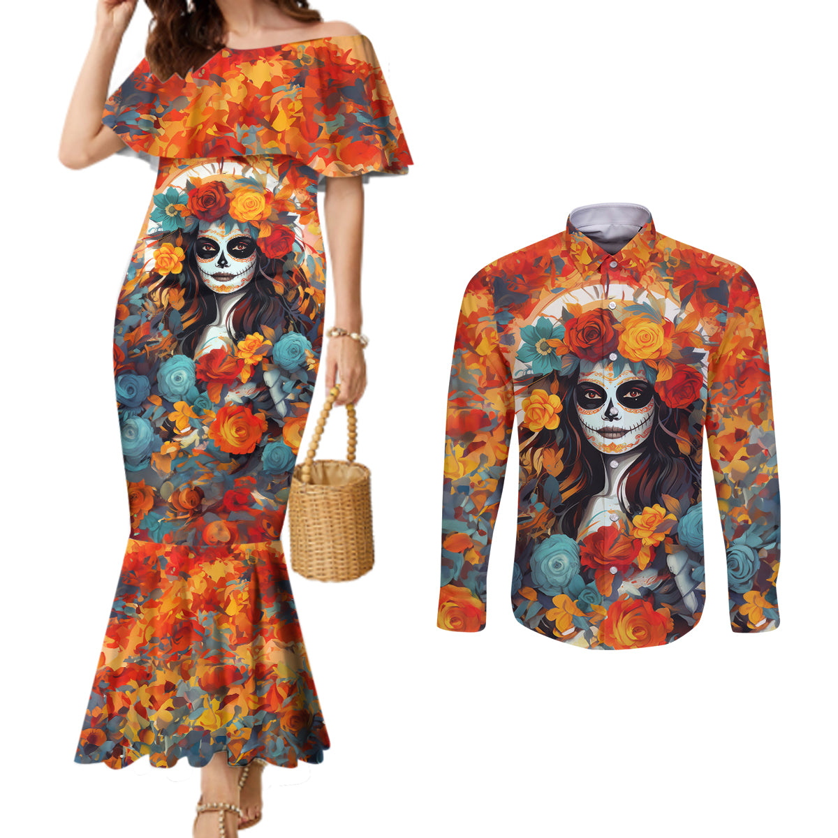 day-of-dead-lady-couples-matching-mermaid-dress-and-long-sleeve-button-shirt-sugar-skull-field-rose-lady