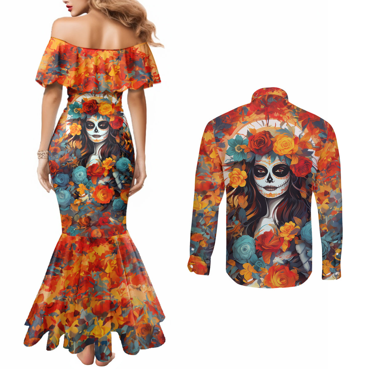 day-of-dead-lady-couples-matching-mermaid-dress-and-long-sleeve-button-shirt-sugar-skull-field-rose-lady