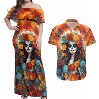 Day of Dead Lady Couples Matching Off Shoulder Maxi Dress and Hawaiian Shirt Sugar Skull Field Rose Lady - Wonder Print Shop