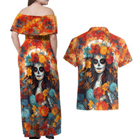 Day of Dead Lady Couples Matching Off Shoulder Maxi Dress and Hawaiian Shirt Sugar Skull Field Rose Lady - Wonder Print Shop