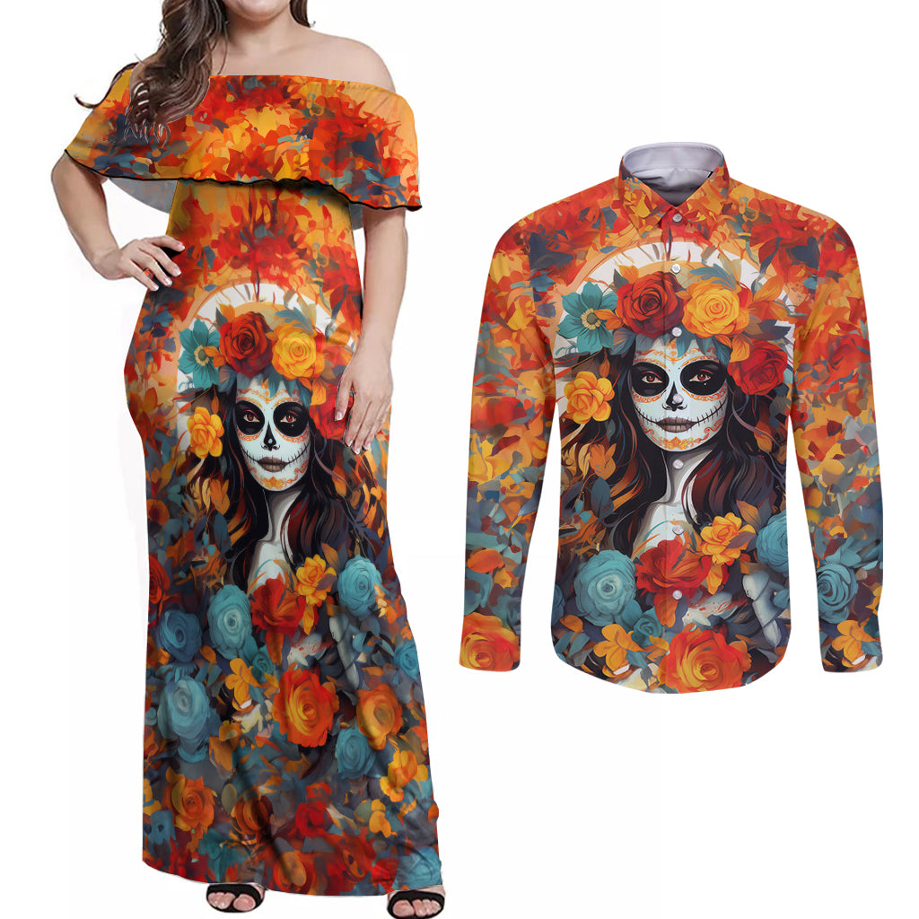 Day of Dead Lady Couples Matching Off Shoulder Maxi Dress and Long Sleeve Button Shirt Sugar Skull Field Rose Lady - Wonder Print Shop