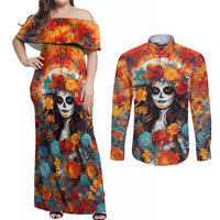 Day of Dead Lady Couples Matching Off Shoulder Maxi Dress and Long Sleeve Button Shirt Sugar Skull Field Rose Lady - Wonder Print Shop