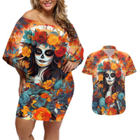 Day of Dead Lady Couples Matching Off Shoulder Short Dress and Hawaiian Shirt Sugar Skull Field Rose Lady - Wonder Print Shop