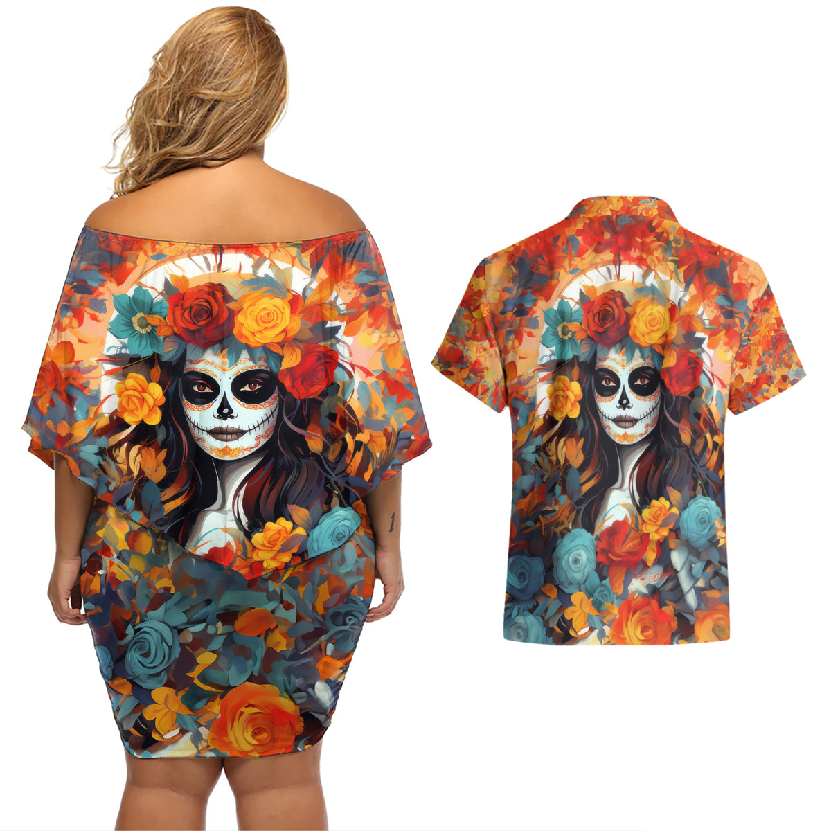 Day of Dead Lady Couples Matching Off Shoulder Short Dress and Hawaiian Shirt Sugar Skull Field Rose Lady - Wonder Print Shop