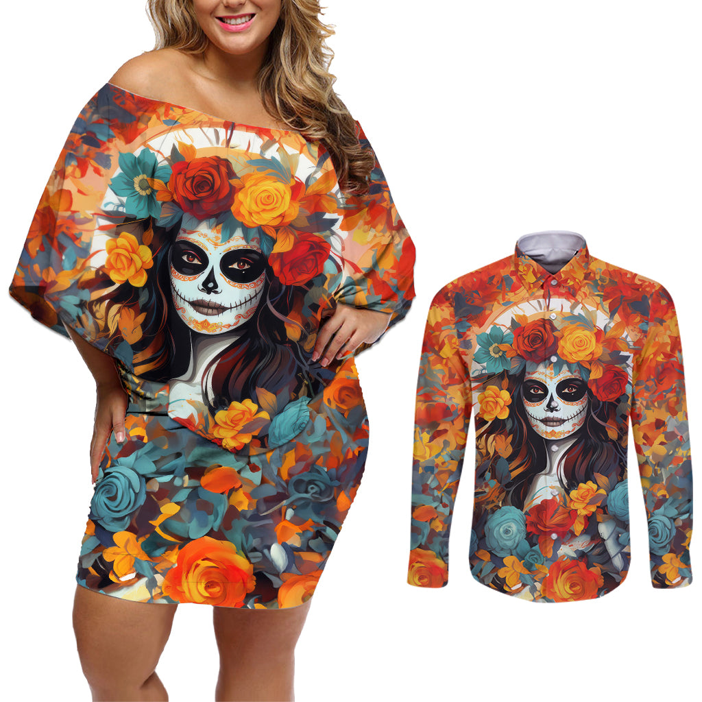 Day of Dead Lady Couples Matching Off Shoulder Short Dress and Long Sleeve Button Shirt Sugar Skull Field Rose Lady - Wonder Print Shop