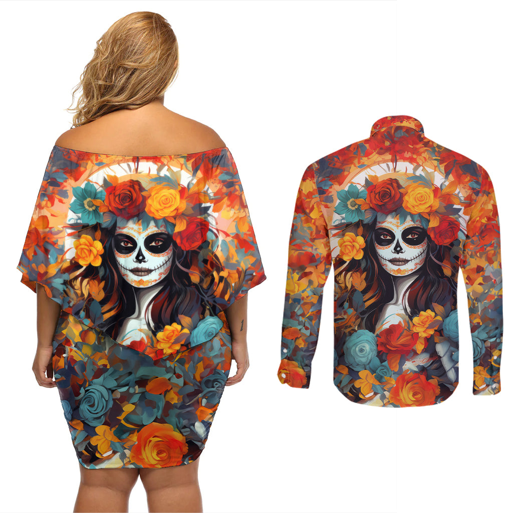 Day of Dead Lady Couples Matching Off Shoulder Short Dress and Long Sleeve Button Shirt Sugar Skull Field Rose Lady - Wonder Print Shop