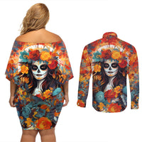 Day of Dead Lady Couples Matching Off Shoulder Short Dress and Long Sleeve Button Shirt Sugar Skull Field Rose Lady - Wonder Print Shop