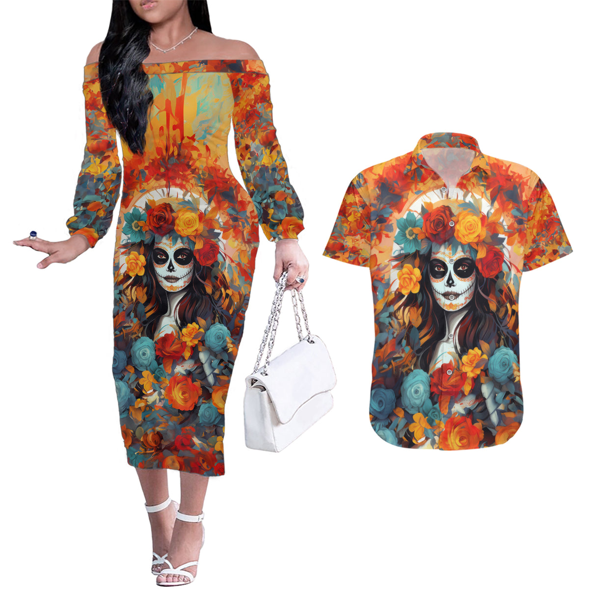Day of Dead Lady Couples Matching Off The Shoulder Long Sleeve Dress and Hawaiian Shirt Sugar Skull Field Rose Lady - Wonder Print Shop