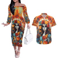 Day of Dead Lady Couples Matching Off The Shoulder Long Sleeve Dress and Hawaiian Shirt Sugar Skull Field Rose Lady - Wonder Print Shop