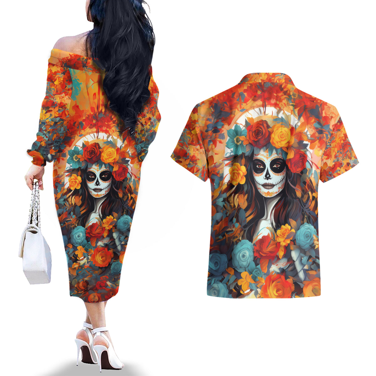 Day of Dead Lady Couples Matching Off The Shoulder Long Sleeve Dress and Hawaiian Shirt Sugar Skull Field Rose Lady - Wonder Print Shop