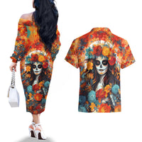 Day of Dead Lady Couples Matching Off The Shoulder Long Sleeve Dress and Hawaiian Shirt Sugar Skull Field Rose Lady - Wonder Print Shop