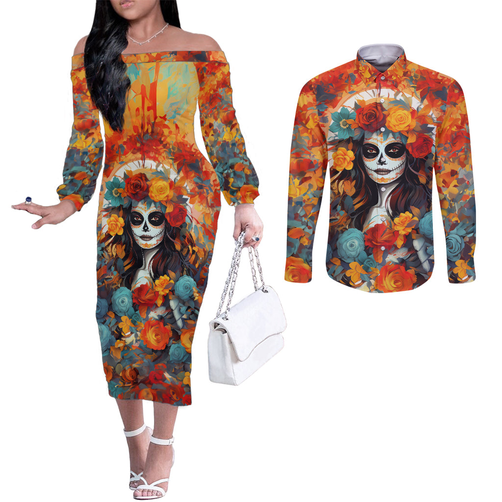 day-of-dead-lady-couples-matching-off-the-shoulder-long-sleeve-dress-and-long-sleeve-button-shirt-sugar-skull-field-rose-lady