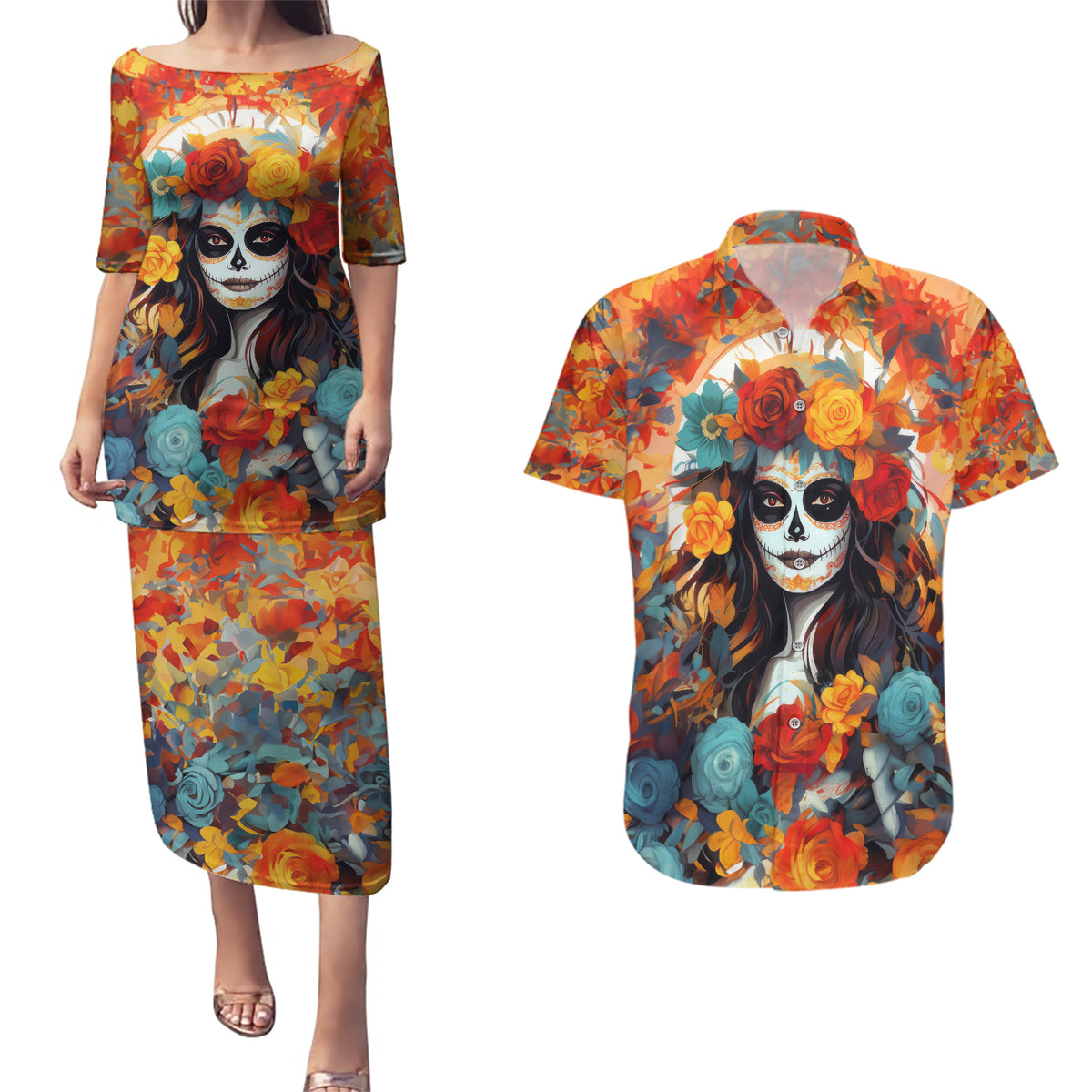 Day of Dead Lady Couples Matching Puletasi Dress and Hawaiian Shirt Sugar Skull Field Rose Lady - Wonder Print Shop
