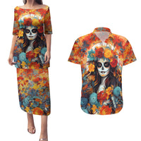 Day of Dead Lady Couples Matching Puletasi Dress and Hawaiian Shirt Sugar Skull Field Rose Lady - Wonder Print Shop