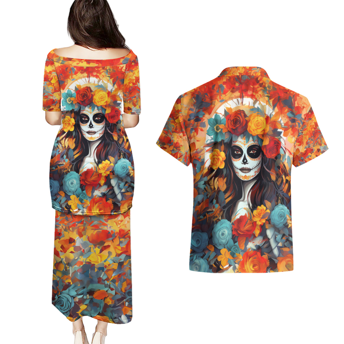 Day of Dead Lady Couples Matching Puletasi Dress and Hawaiian Shirt Sugar Skull Field Rose Lady - Wonder Print Shop