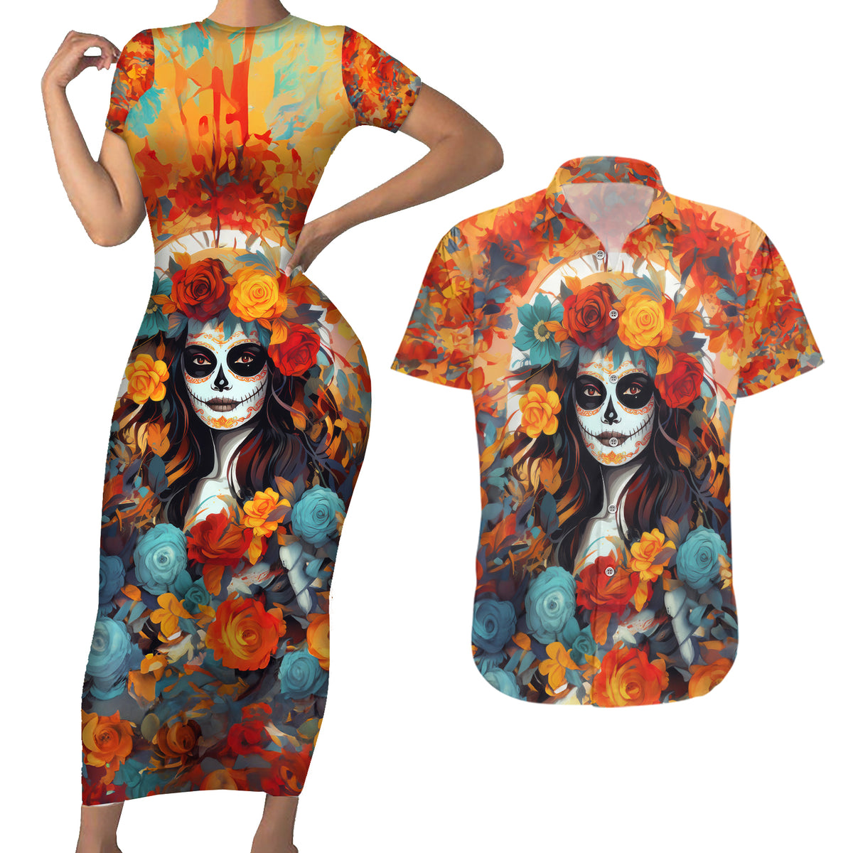 Day of Dead Lady Couples Matching Short Sleeve Bodycon Dress and Hawaiian Shirt Sugar Skull Field Rose Lady - Wonder Print Shop