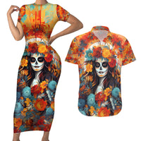 Day of Dead Lady Couples Matching Short Sleeve Bodycon Dress and Hawaiian Shirt Sugar Skull Field Rose Lady - Wonder Print Shop