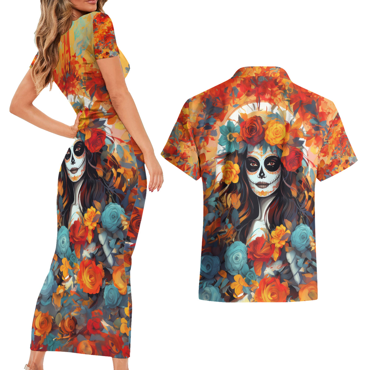 Day of Dead Lady Couples Matching Short Sleeve Bodycon Dress and Hawaiian Shirt Sugar Skull Field Rose Lady - Wonder Print Shop