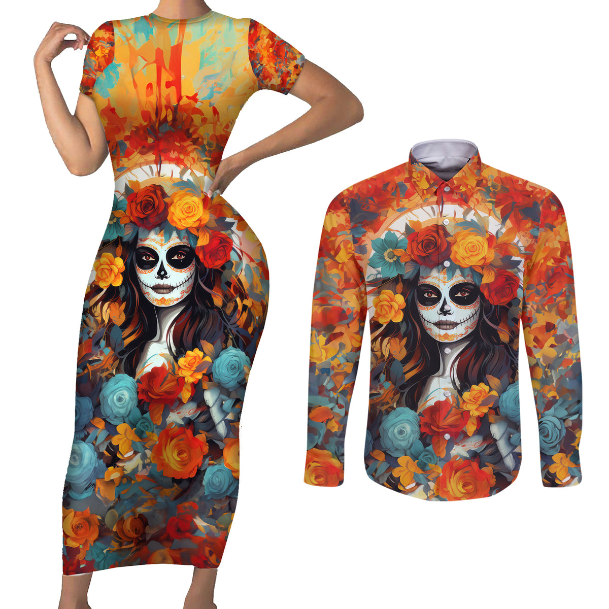 Day of Dead Lady Couples Matching Short Sleeve Bodycon Dress and Long Sleeve Button Shirt Sugar Skull Field Rose Lady - Wonder Print Shop